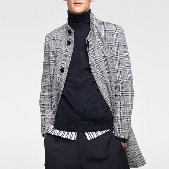 NWT Zara Man Long Sleeve Houndstooth Over Coat Size L
